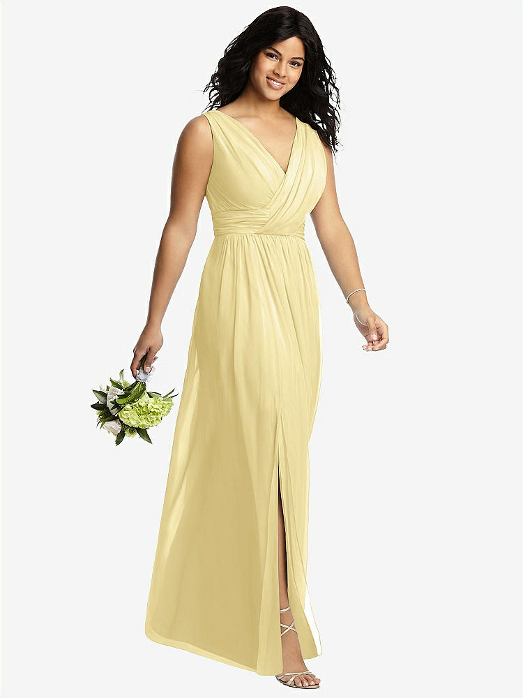 【NEW】【STYLE: 2894】ノースリーブ ドレープ シフォン マキシ ドレス 前面 スリット【COLOR: Pale Yellow】【SIZE: 00-30W】