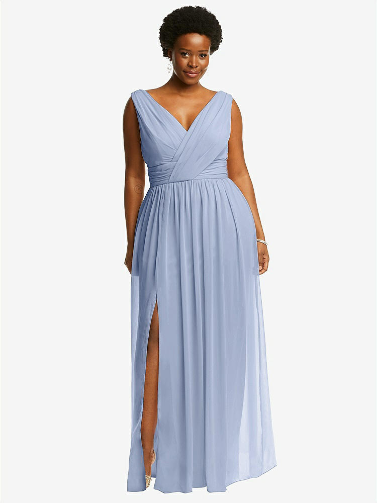 【STYLE: 2894】Sleeveless Draped Chiffon Maxi Dress with Front Slit【COLOR: Sky Blue】