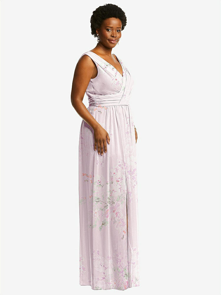 【STYLE: 2894】Sleeveless Draped Chiffon Maxi Dress with Front Slit【COLOR: Watercolor Print】