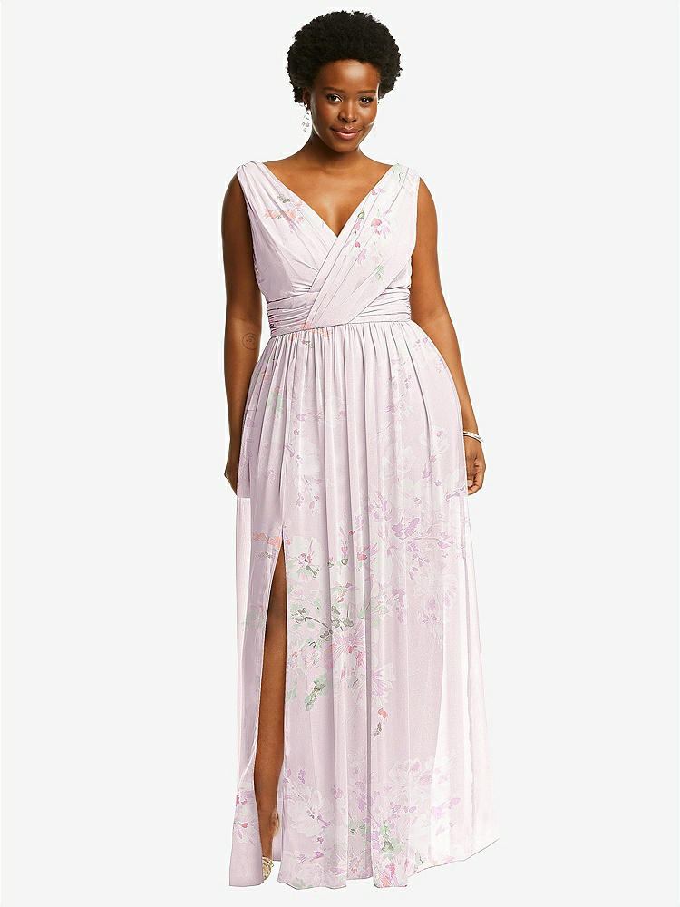 【STYLE: 2894】Sleeveless Draped Chiffon Maxi Dress with Front Slit【COLOR: Watercolor Print】
