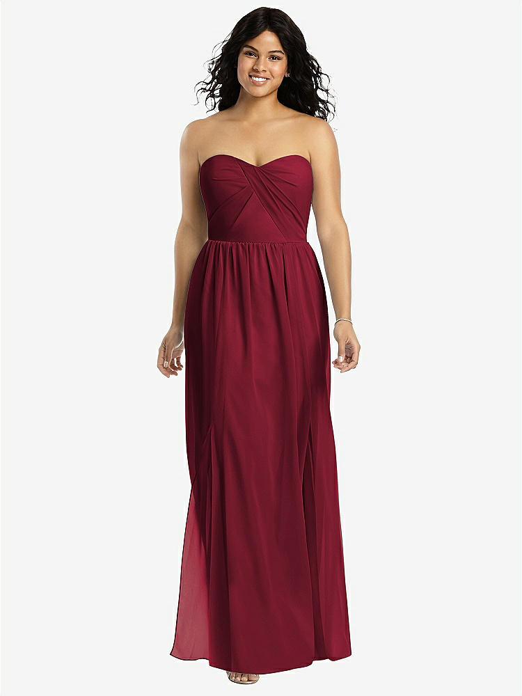 【STYLE: 8159】Strapless Draped Bodice Maxi Dress with Front Slits【COLOR: Burgundy】