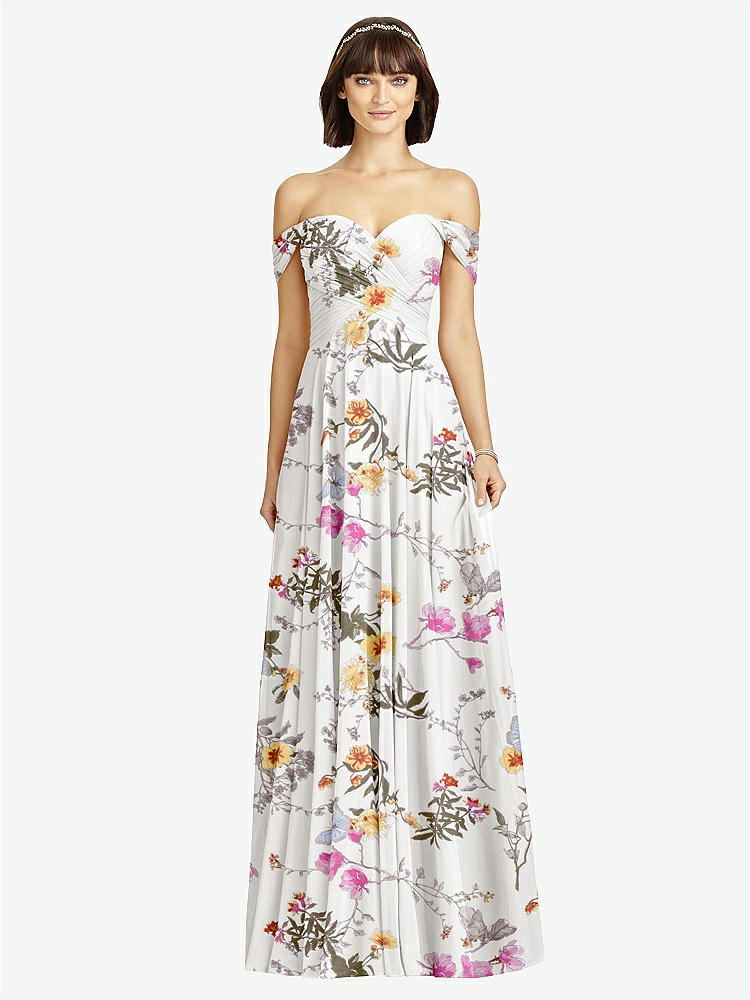 【STYLE: 2970】Off-the-Shoulder Draped Chiffon Maxi Dress【COLOR: Butterfly Botanica Ivory】