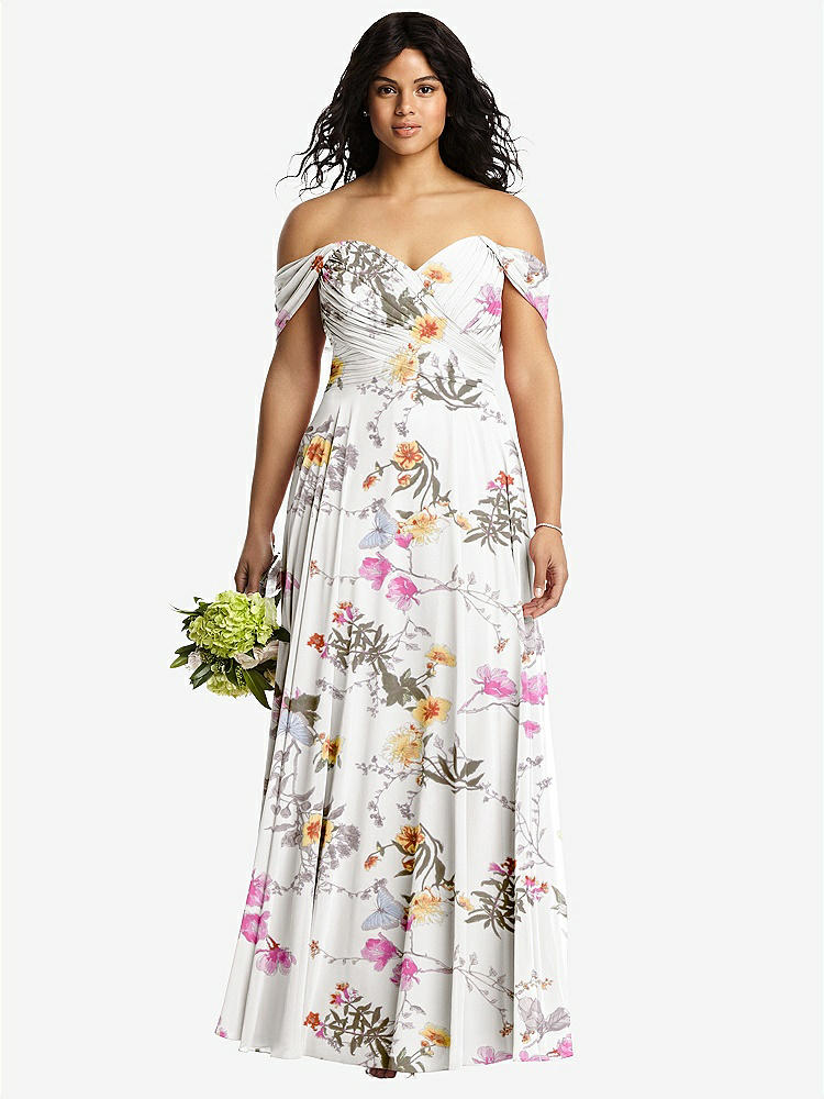 【STYLE: 2970】Off-the-Shoulder Draped Chiffon Maxi Dress【COLOR: Butterfly Botanica Ivory】