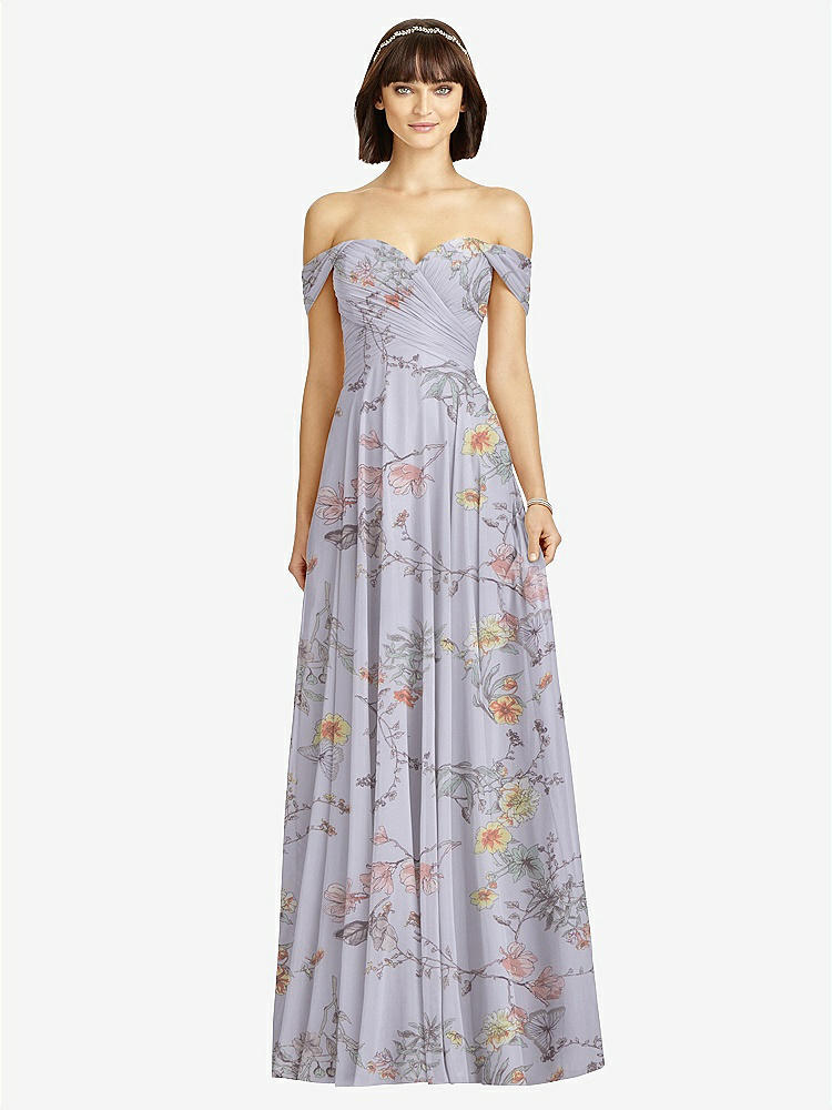 【STYLE: 2970】Off-the-Shoulder Draped Chiffon Maxi Dress【COLOR: Butterfly Botanica Silver Dove】