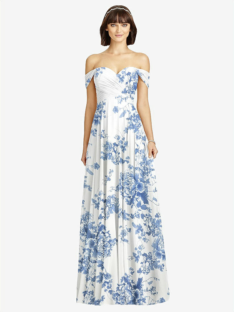 【NEW】【STYLE: 2970】オフショルダー ドレープ シフォン マキシ ドレス【COLOR: Cottage Rose Dusk Blue】【SIZE: 00-30W】