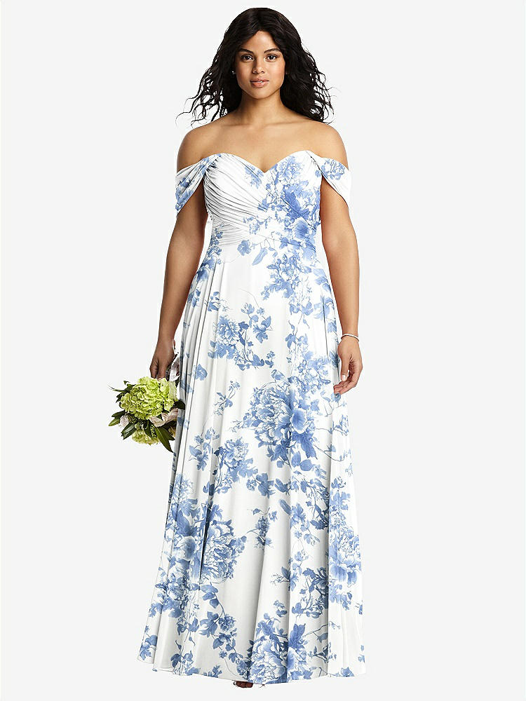 【NEW】【STYLE: 2970】オフショルダー ドレープ シフォン マキシ ドレス【COLOR: Cottage Rose Dusk Blue】【SIZE: 00-30W】