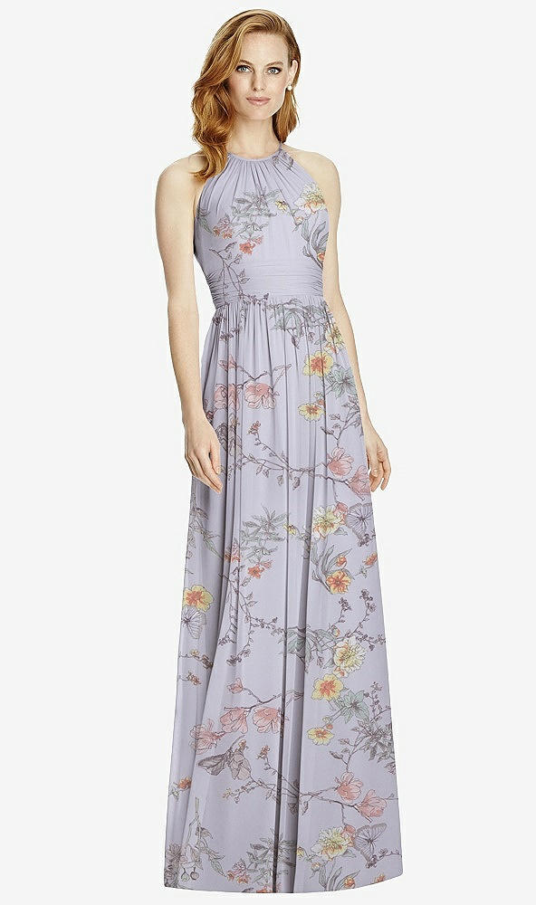 【STYLE: 4511】Cutout Open-Back Shirred Halter Maxi Dress【COLOR: Butterfly Botanica Silver Dove】