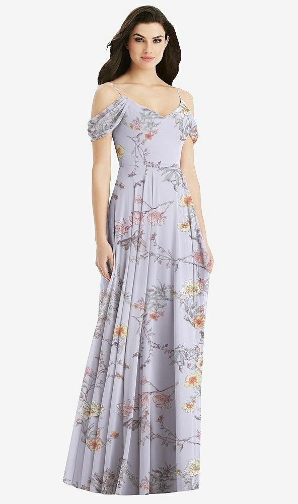 【STYLE: 4525】Off-the-Shoulder Open Cowl-Back Maxi Dress【COLOR: Butterfly Botanica Silver Dove】