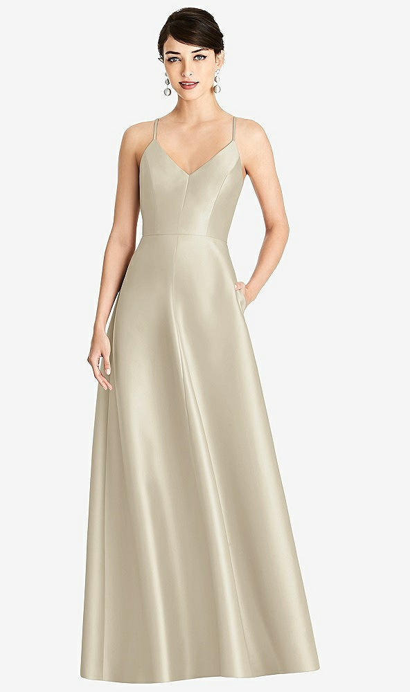 【STYLE: D750】V-Neck Full Skirt Satin Maxi Dress【COLOR: Champagne】