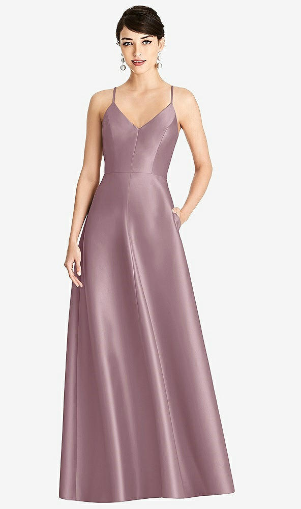 【STYLE: D750】V-Neck Full Skirt Satin Maxi Dress【COLOR: Dusty Rose】