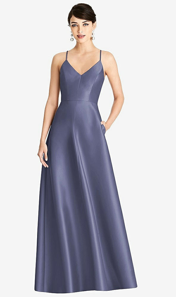 【STYLE: D750】V-Neck Full Skirt Satin Maxi Dress【COLOR: French Blue】
