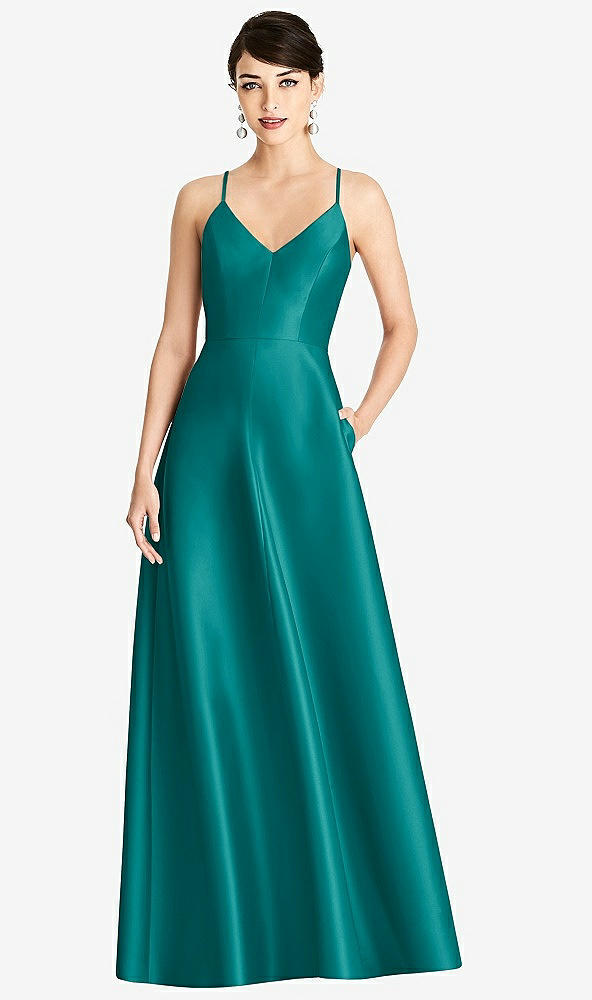 【STYLE: D750】V-Neck Full Skirt Satin Maxi Dress【COLOR: Jade】