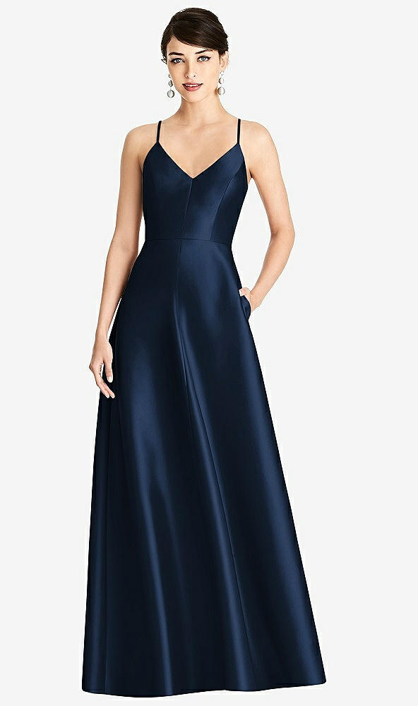 【STYLE: D750】V-Neck Full Skirt Satin Maxi Dress【COLOR: Midnight Navy】