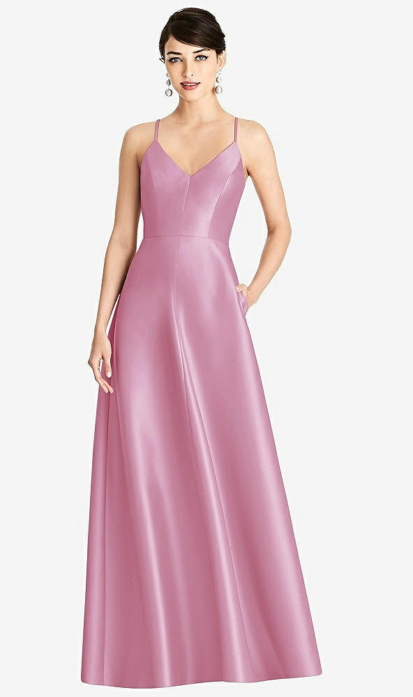 【STYLE: D750】V-Neck Full Skirt Satin Maxi Dress【COLOR: Powder Pink】