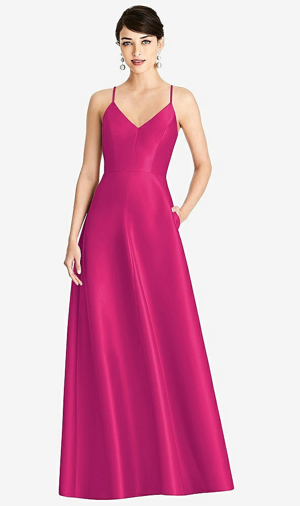 【STYLE: D750】V-Neck Full Skirt Satin Maxi Dress【COLOR: Think Pink】