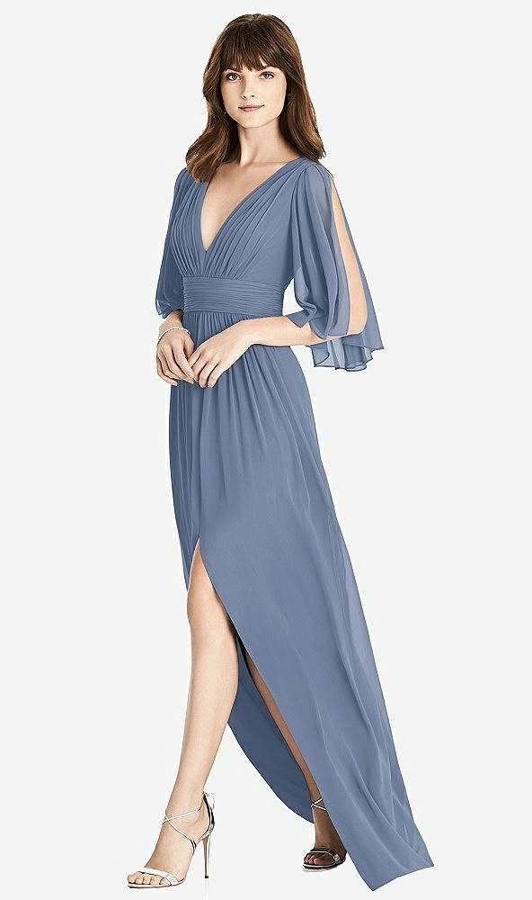 【STYLE: 6777】Split Sleeve Backless Chiffon Maxi Dress【COLOR: Larkspur Blue】