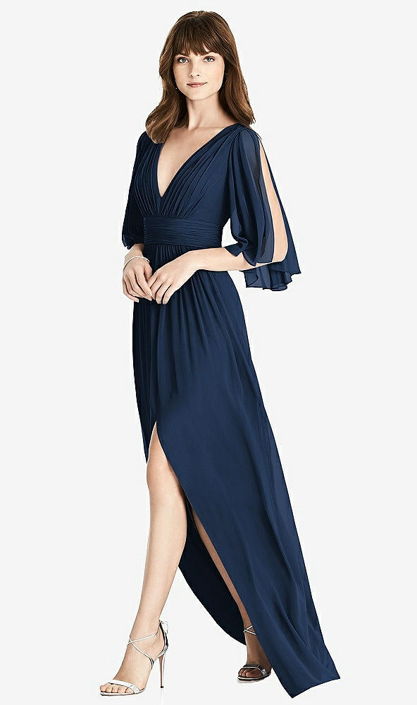 【STYLE: 6777】Split Sleeve Backless Chiffon Maxi Dress【COLOR: Midnight Navy】