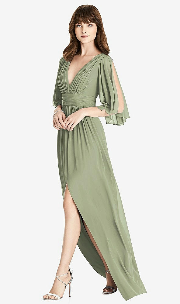 【STYLE: 6777】Split Sleeve Backless Chiffon Maxi Dress【COLOR: Sage】