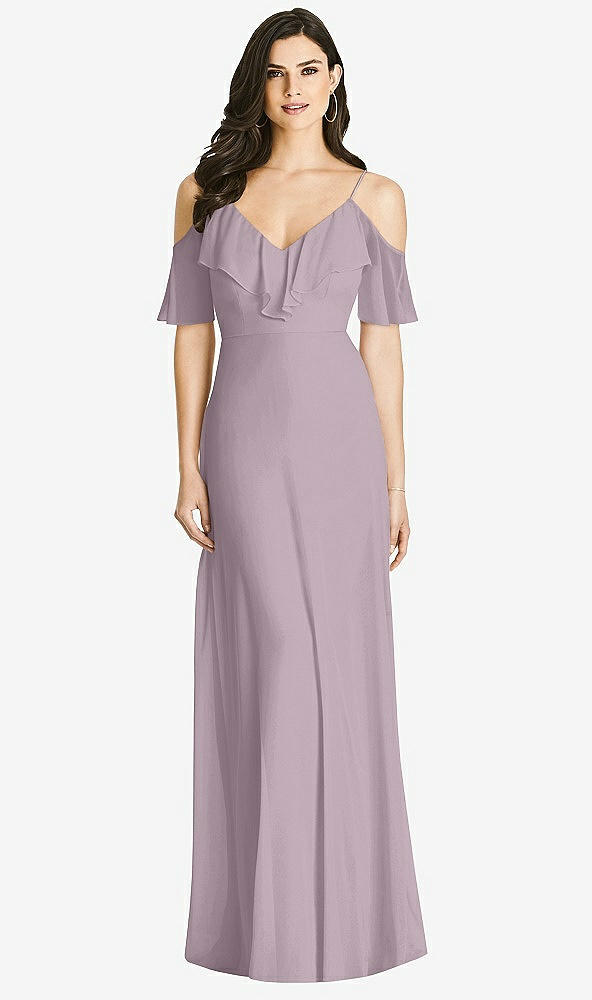 【STYLE: 3020】Ruffled Cold-Shoulder Chiffon Maxi Dress【COLOR: Lilac Dusk】
