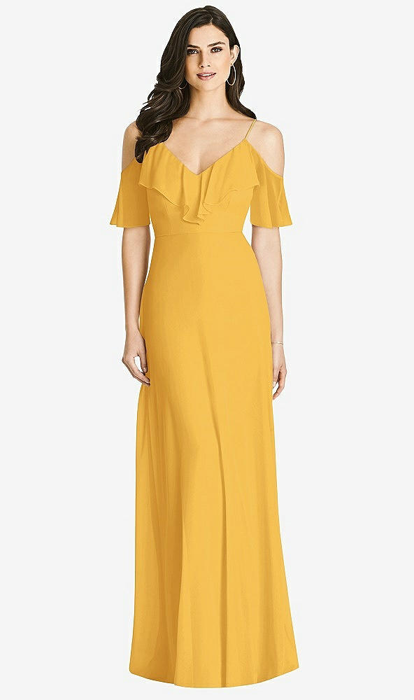 【STYLE: 3020】Ruffled Cold-Shoulder Chiffon Maxi Dress【COLOR: NYC Yellow】