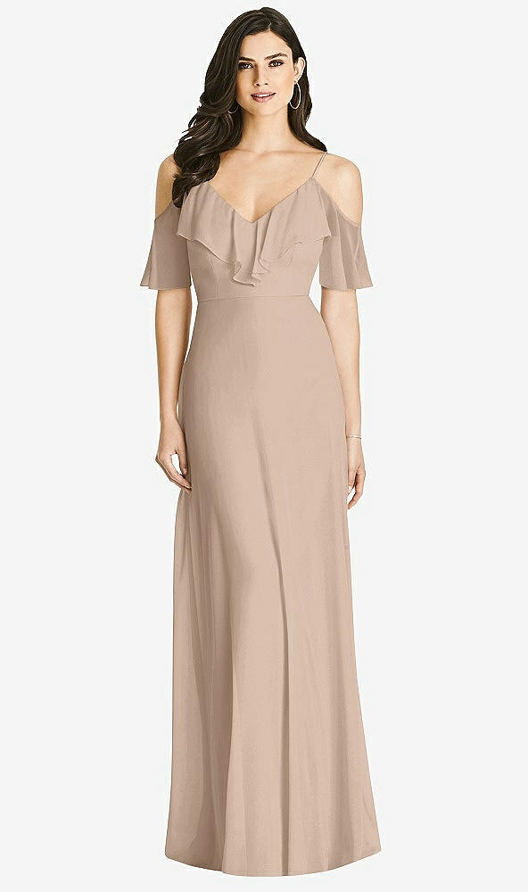 【STYLE: 3020】Ruffled Cold-Shoulder Chiffon Maxi Dress【COLOR: Topaz】