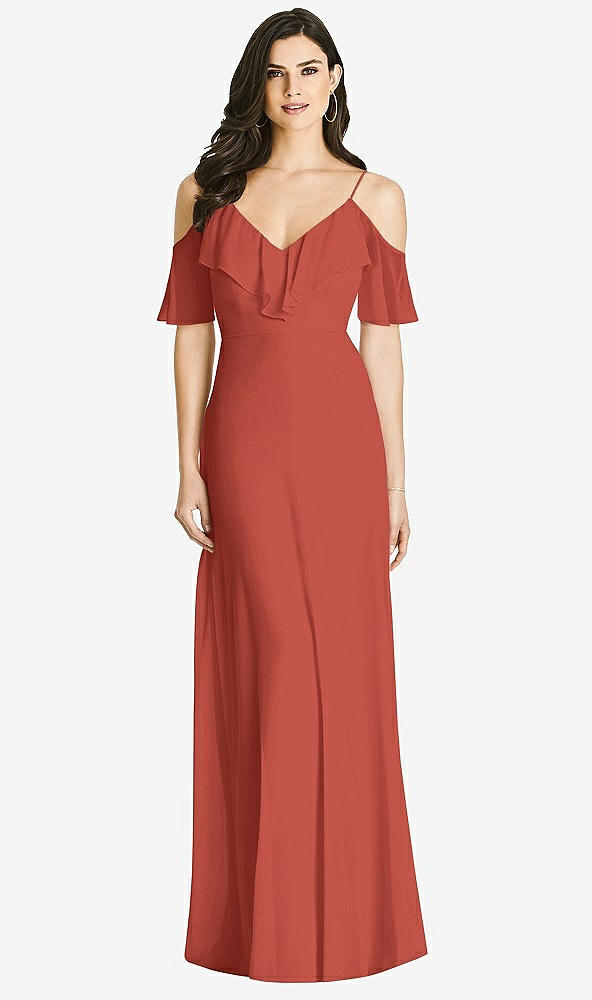 【STYLE: 3020】Ruffled Cold-Shoulder Chiffon Maxi Dress【COLOR: Amber Sunset】