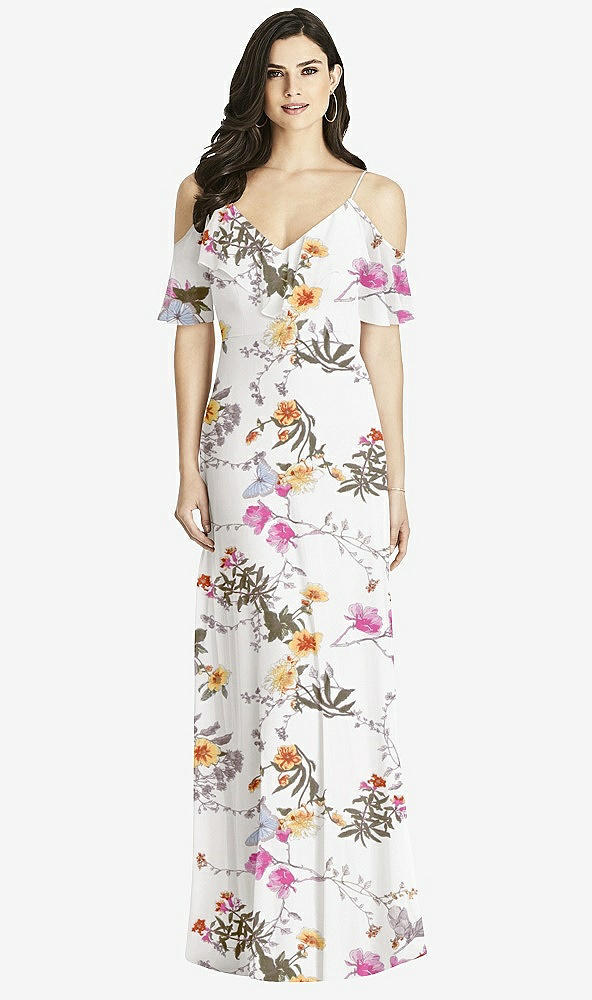 【STYLE: 3020】Ruffled Cold-Shoulder Chiffon Maxi Dress【COLOR: Butterfly Botanica Ivory】