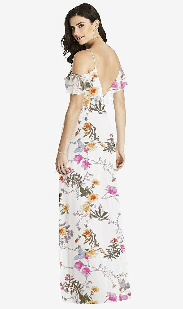 【STYLE: 3020】Ruffled Cold-Shoulder Chiffon Maxi Dress【COLOR: Butterfly Botanica Ivory】