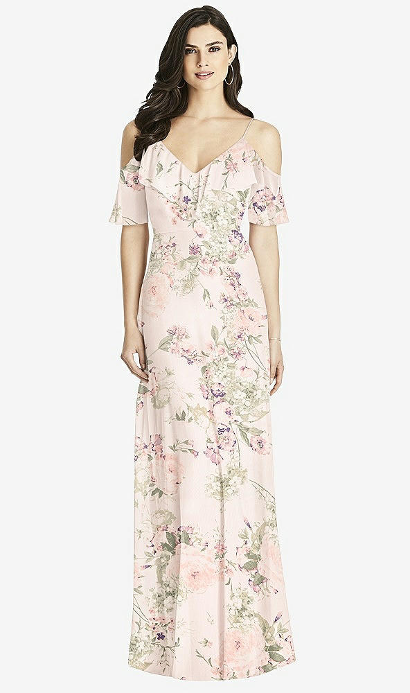【STYLE: 3020】Ruffled Cold-Shoulder Chiffon Maxi Dress【COLOR: Blush Garden】
