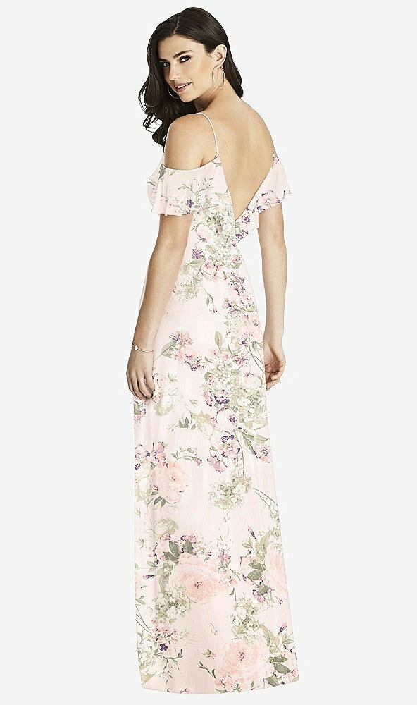【STYLE: 3020】Ruffled Cold-Shoulder Chiffon Maxi Dress【COLOR: Blush Garden】