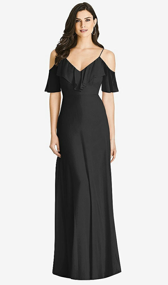 【STYLE: 3020】Ruffled Cold-Shoulder Chiffon Maxi Dress【COLOR: Black】