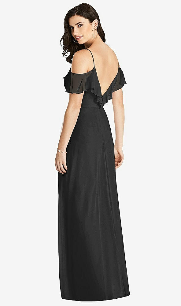 【STYLE: 3020】Ruffled Cold-Shoulder Chiffon Maxi Dress【COLOR: Black】