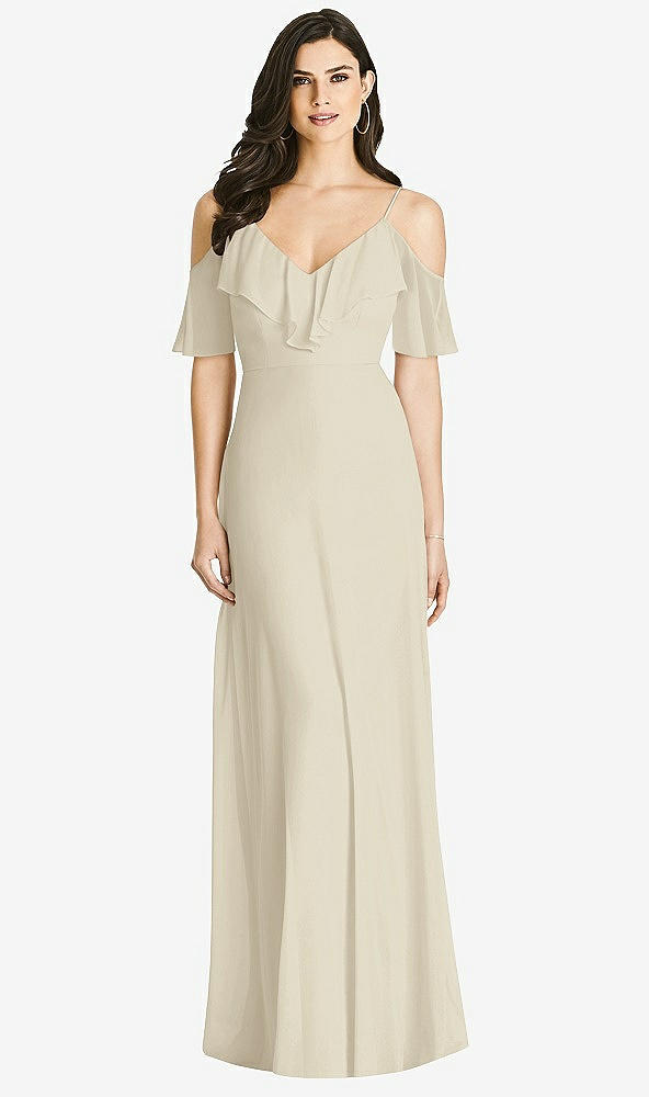 【STYLE: 3020】Ruffled Cold-Shoulder Chiffon Maxi Dress【COLOR: Champagne】
