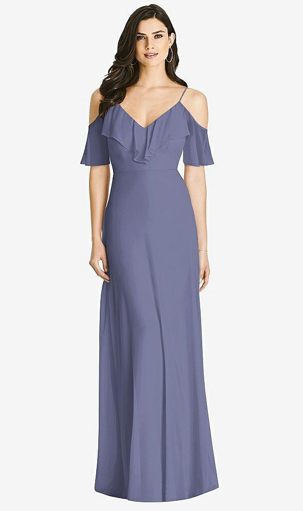 【STYLE: 3020】Ruffled Cold-Shoulder Chiffon Maxi Dress【COLOR: French Blue】