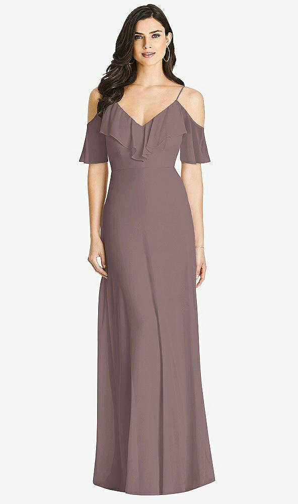 【STYLE: 3020】Ruffled Cold-Shoulder Chiffon Maxi Dress【COLOR: French Truffle】
