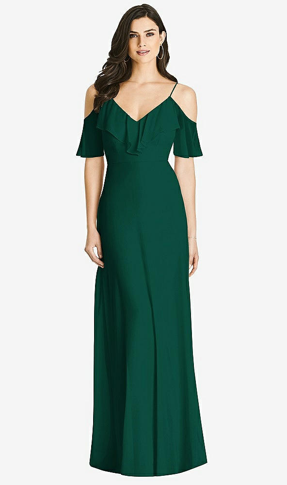 【STYLE: 3020】Ruffled Cold-Shoulder Chiffon Maxi Dress【COLOR: Hunter Green】
