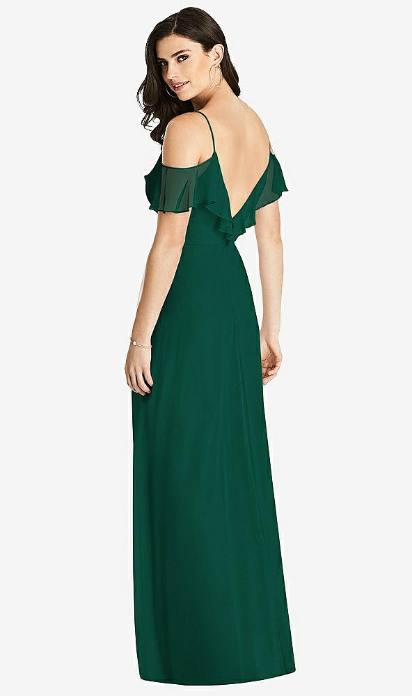 【STYLE: 3020】Ruffled Cold-Shoulder Chiffon Maxi Dress【COLOR: Hunter Green】