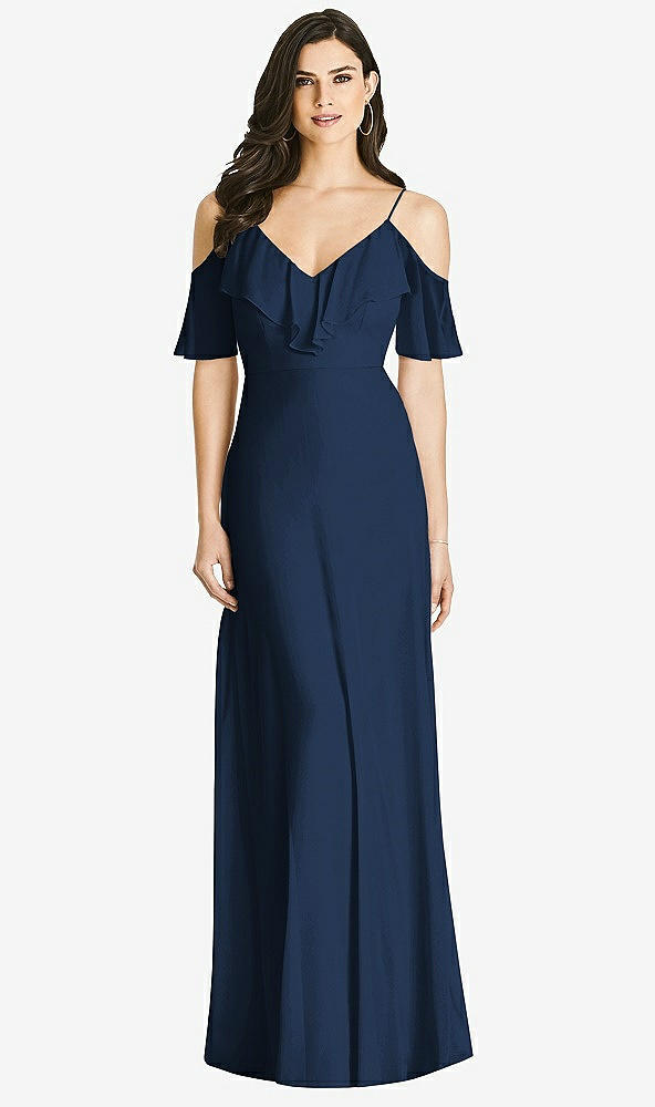 【STYLE: 3020】Ruffled Cold-Shoulder Chiffon Maxi Dress【COLOR: Midnight Navy】