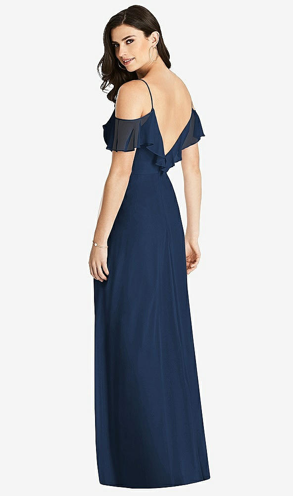 【STYLE: 3020】Ruffled Cold-Shoulder Chiffon Maxi Dress【COLOR: Midnight Navy】