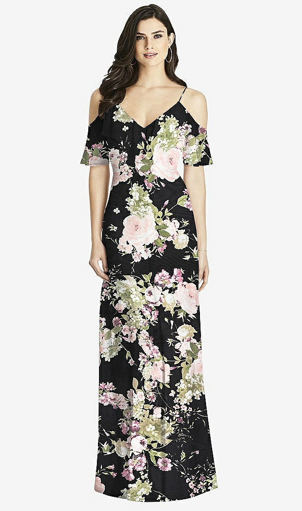 【STYLE: 3020】Ruffled Cold-Shoulder Chiffon Maxi Dress【COLOR: Noir Garden】