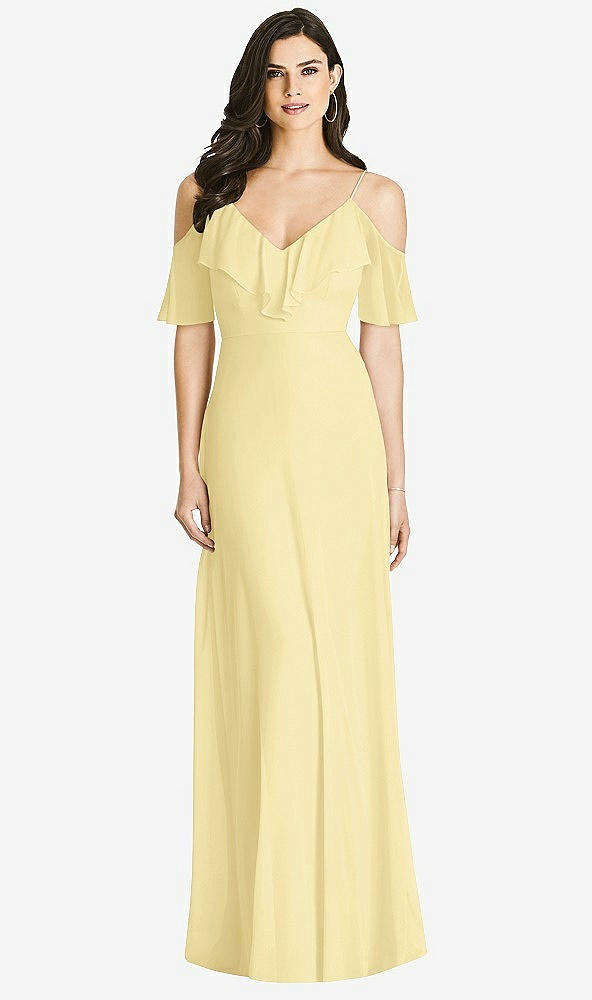 【STYLE: 3020】Ruffled Cold-Shoulder Chiffon Maxi Dress【COLOR: Pale Yellow】