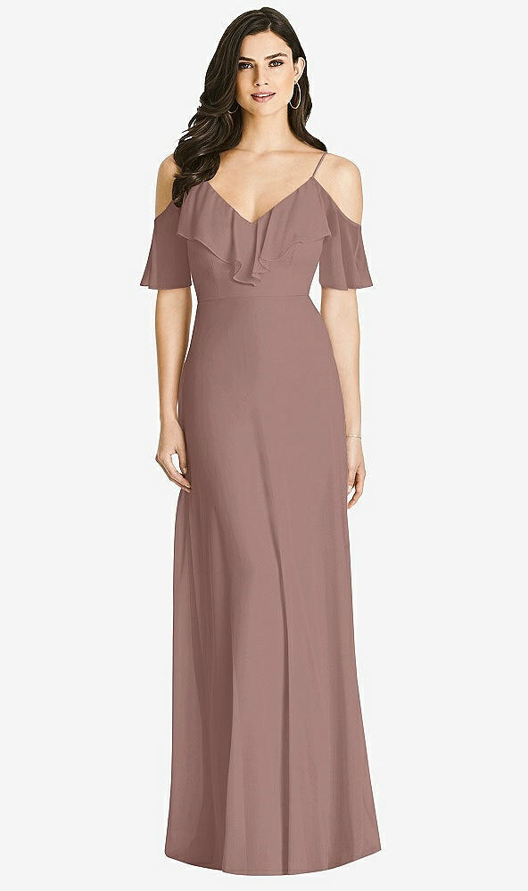 【STYLE: 3020】Ruffled Cold-Shoulder Chiffon Maxi Dress【COLOR: Sienna】