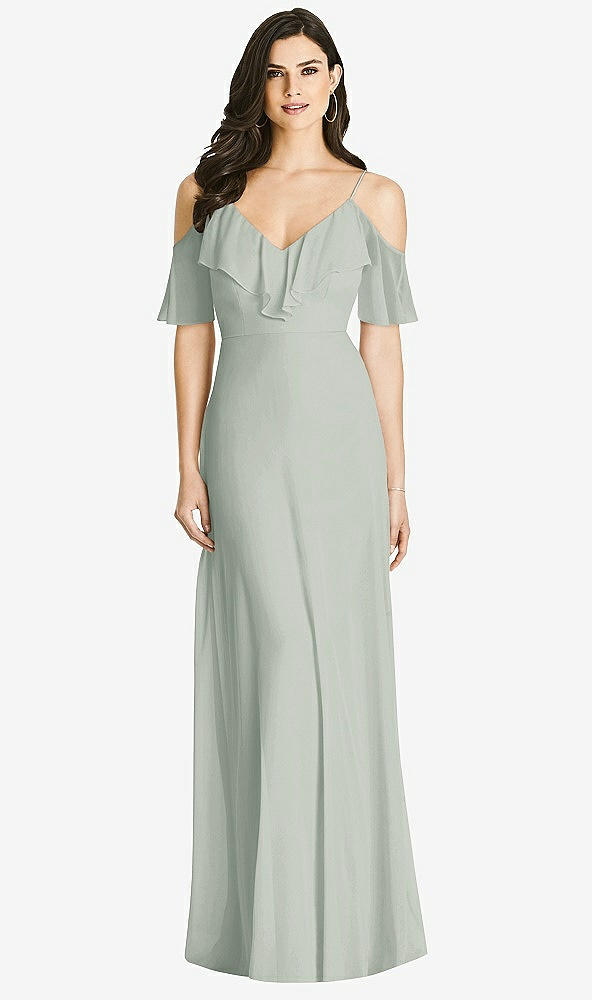 【STYLE: 3020】Ruffled Cold-Shoulder Chiffon Maxi Dress【COLOR: Willow Green】