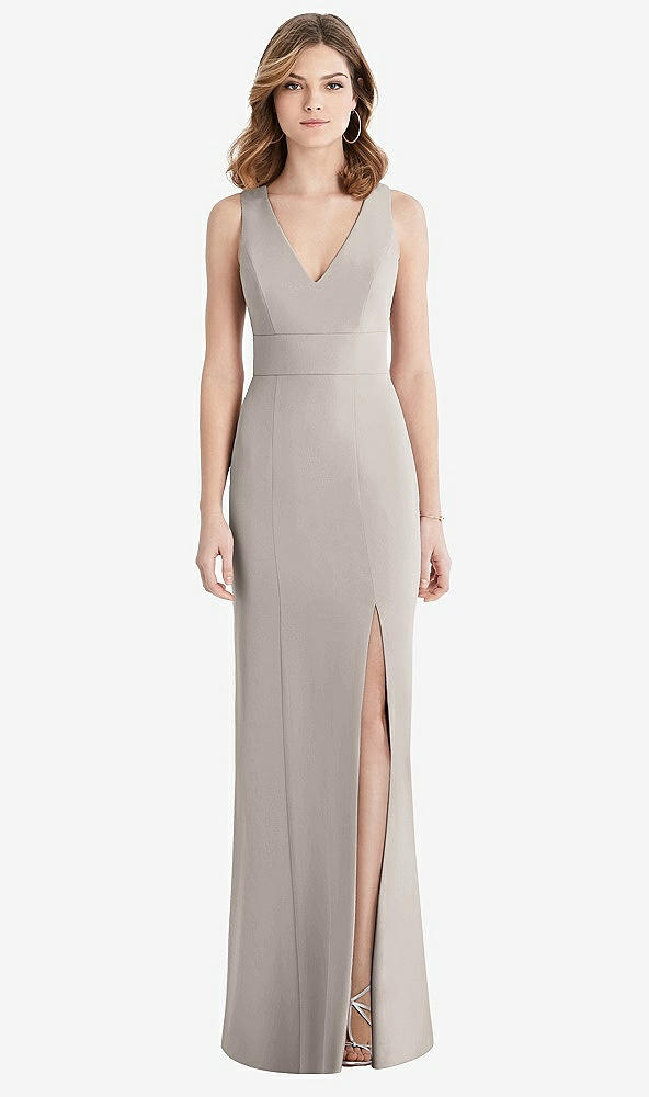 【STYLE: 1513】Criss Cross Back Trumpet Gown with Front Slit【COLOR: Taupe】