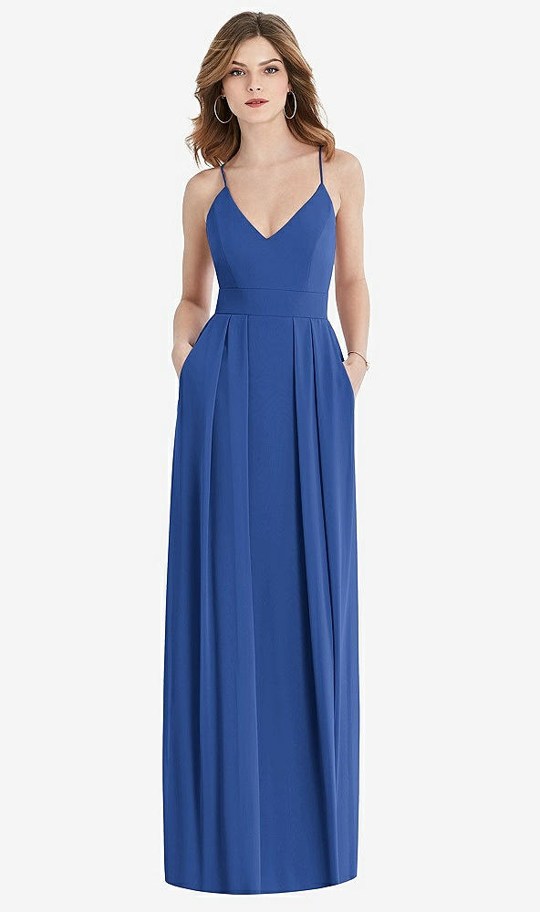 【STYLE: 1514】Pleated Skirt Crepe Maxi Dress with Pockets【COLOR: Classic Blue】
