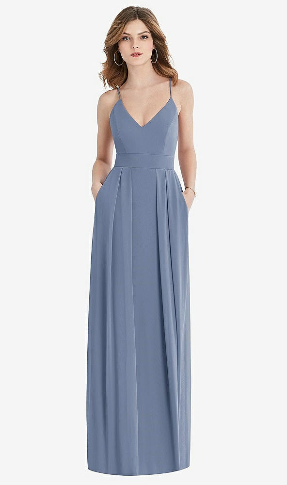 【STYLE: 1514】Pleated Skirt Crepe Maxi Dress with Pockets【COLOR: Larkspur Blue】