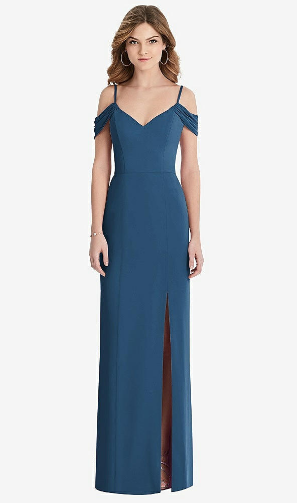 【STYLE: 1517】Off-the-Shoulder Chiffon Trumpet Gown with Front Slit【COLOR: Dusk Blue】