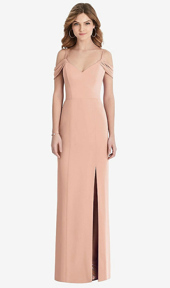 【STYLE: 1517】Off-the-Shoulder Chiffon Trumpet Gown with Front Slit【COLOR: Pale Peach】