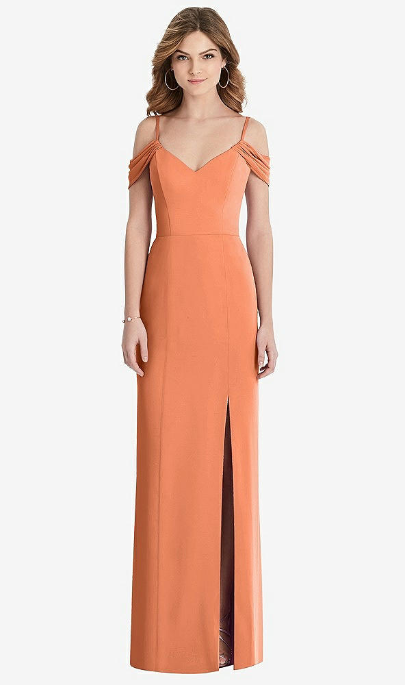 【STYLE: 1517】Off-the-Shoulder Chiffon Trumpet Gown with Front Slit【COLOR: Sweet Melon】