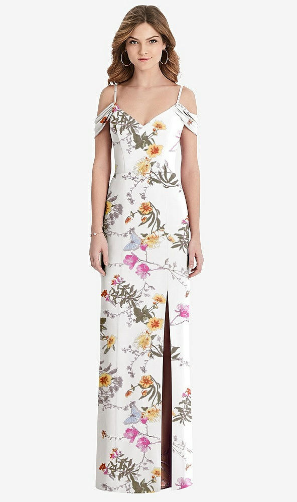 【NEW】【STYLE: 1517】オフショルダー シフォン トランペット ガウン 前面 スリット【COLOR: Butterfly Botanica Ivory】【SIZE: 00-30W】